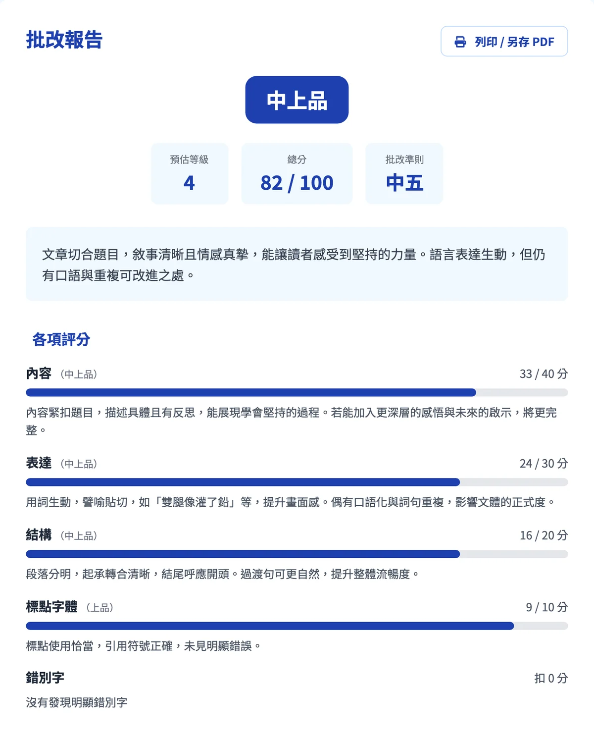 批改報告的示範樣本：品第、五維分數條與原文紅筆標註
